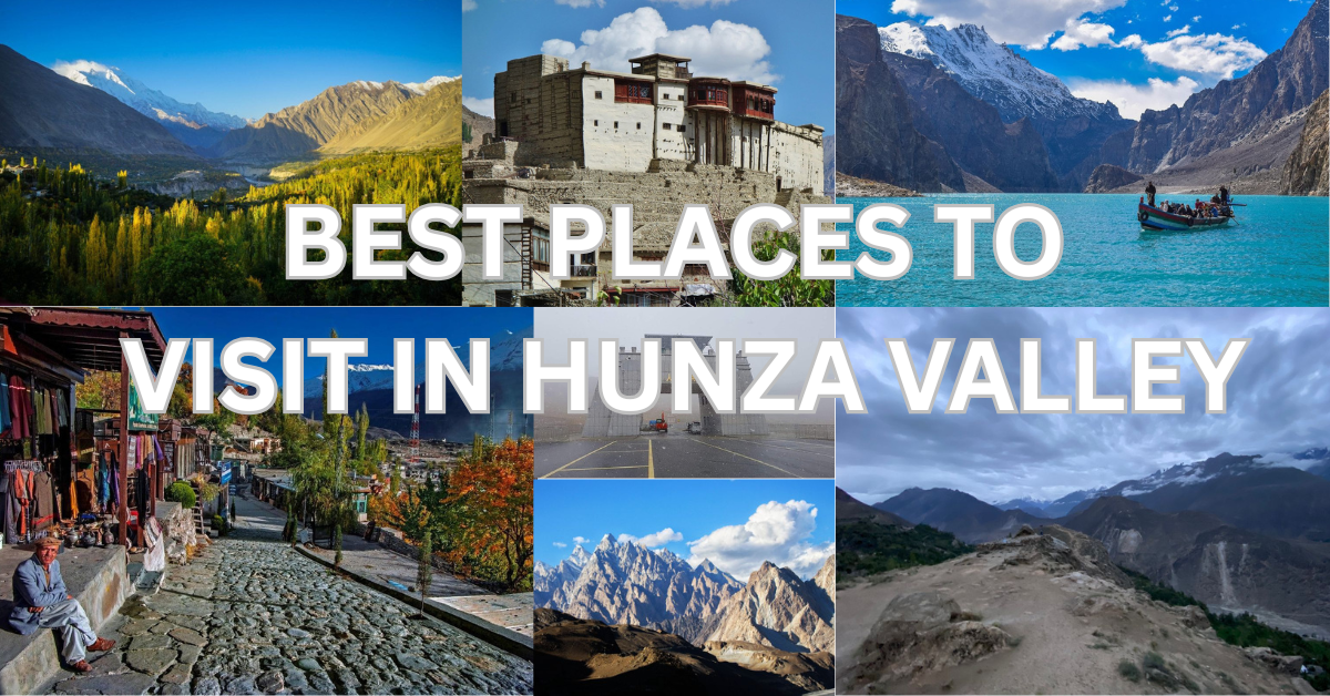 “Beautiful landscape of Hunza Valley featuring mountains, green terraces, and clear blue sky.”