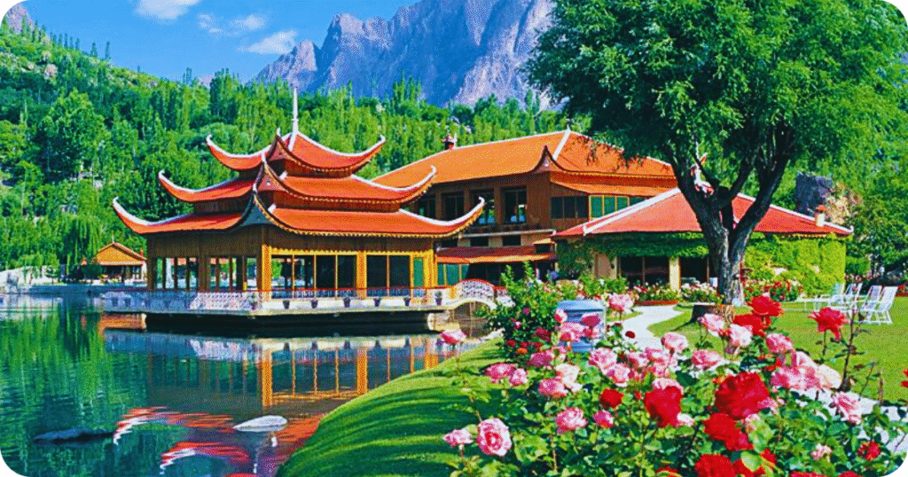 “Shangrila Resort by Lower Kachura Lake with red-roofed cottages and mountain views.”