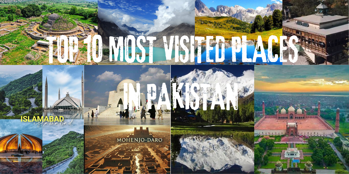 Top 10 most visited places in Pakistan – travel destinations collage featuring mountains, lakes, and historical landmarks.