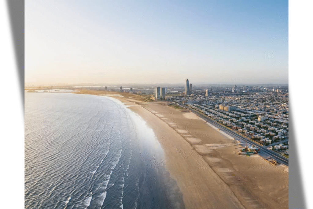 “Aerial view of Karachi city, Pakistan’s largest metropolis and a major tourist destination.”