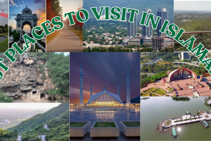Collage of top tourist spots in Islamabad, including Faisal Mosque, Daman-e-Koh viewpoint, Pakistan Monument, Rawal Lake, Margalla Hills, and other scenic attractions, with “Best Places to Visit in Islamabad” text overlay.