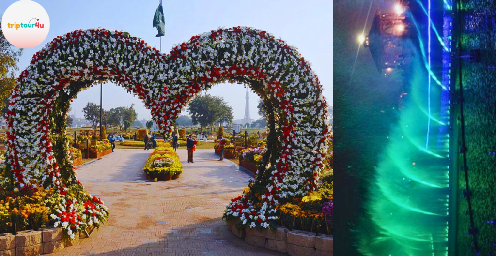 Greater Iqbal Park Lahore with colorful dancing fountains illuminated at night near Minar-e-Pakistan.