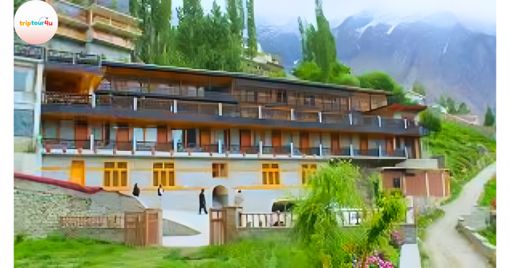 “Hunza Embassy Hotel with its traditional design and terrace areas, surrounded by the mountain landscape of Karimabad.”