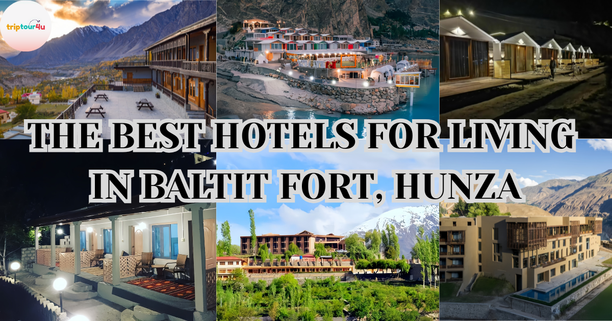 Collage of the best hotels near Baltit Fort in Hunza, showing modern resorts, mountain-view lodges, lakeside hotels, and traditional guesthouses with scenic Hunza Valley landscapes.