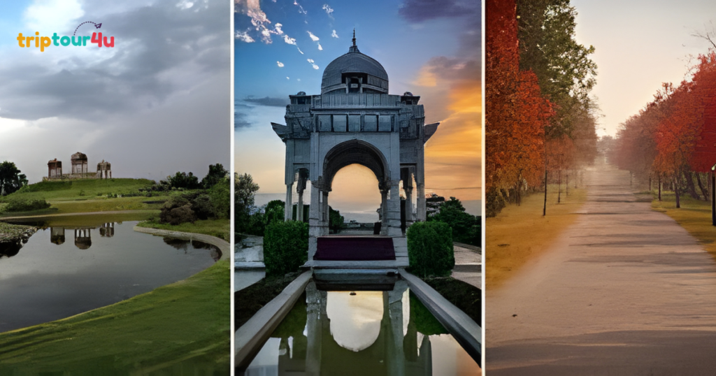 A wide view of a historical stone structure sitting atop a grassy hill, perfectly reflected in a calm, curved pond in the foreground under a moody, overcast sky.A symmetrical shot of an arched white stone pavilion (Baradari) with a domed roof, reflecting in a narrow water channel. The background displays a dramatic transition from a blue sky with wispy clouds to a warm orange sunset.A long, straight walking path or road vanishing into the distance, lined with trees displaying vibrant autumnal red and orange leaves. The scene is bathed in a soft, hazy light.