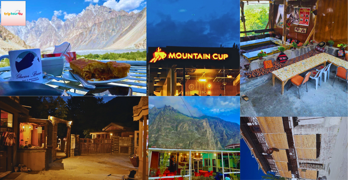 "Cozy restaurant serving traditional Hunza cuisine in Karimabad with mountains in the background"