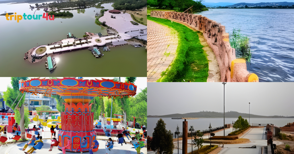 An aerial view of a white, modern-looking pier or jetty extending into the calm water of the lake, with several small boats docked alongside it.A paved walking path alongside the lake, separated from the blue water by a decorative, textured stone or concrete wall and a strip of bright green grass. A vibrant, colorful swing ride at an amusement park filled with people, surrounded by lush green trees. A wide, paved lakeside promenade or viewpoint featuring street lamps and young trees, looking out over the water toward distant hills under a hazy sky.
