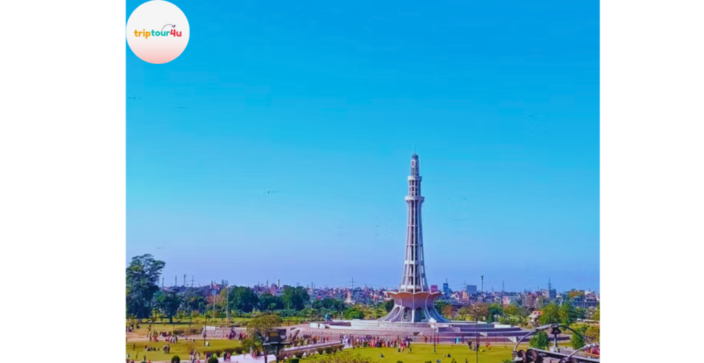 Minar-e-Pakistan Lahore, a historic national monument surrounded by lush gardens in Iqbal Park.