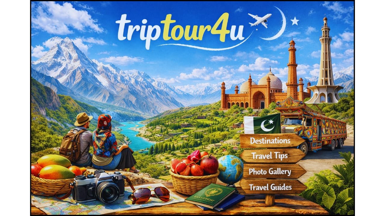 TripTour4U travel website banner showcasing Pakistan tourism with mountains, river valleys, Badshahi Mosque, Minar-e-Pakistan, a colorful truck, and travelers exploring scenic landscapes.