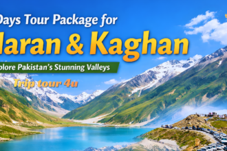 3 Days Tour Package for Naran & Kaghan – Scenic view of Naran Valley with Saif-ul-Malook Lake and mountains