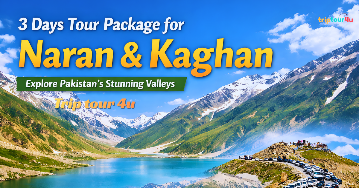 3 Days Tour Package for Naran & Kaghan – Scenic view of Naran Valley with Saif-ul-Malook Lake and mountains