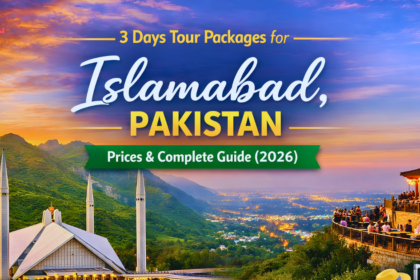 Scenic view of Islamabad highlighting Margalla Hills, Faisal Mosque, and Rawal Lake for tour packages in Islamabad.