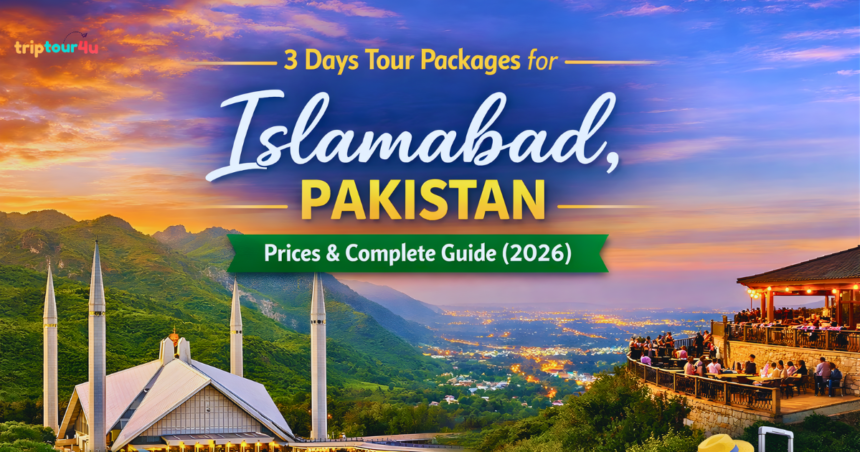 Scenic view of Islamabad highlighting Margalla Hills, Faisal Mosque, and Rawal Lake for tour packages in Islamabad.