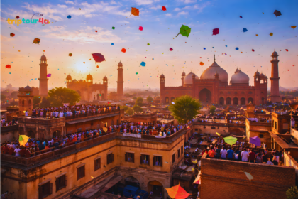 Colorful kites flying over rooftops in Lahore during Basant Festival 2026, with crowds enjoying festivities near Badshahi Mosque and Lahore Fort.