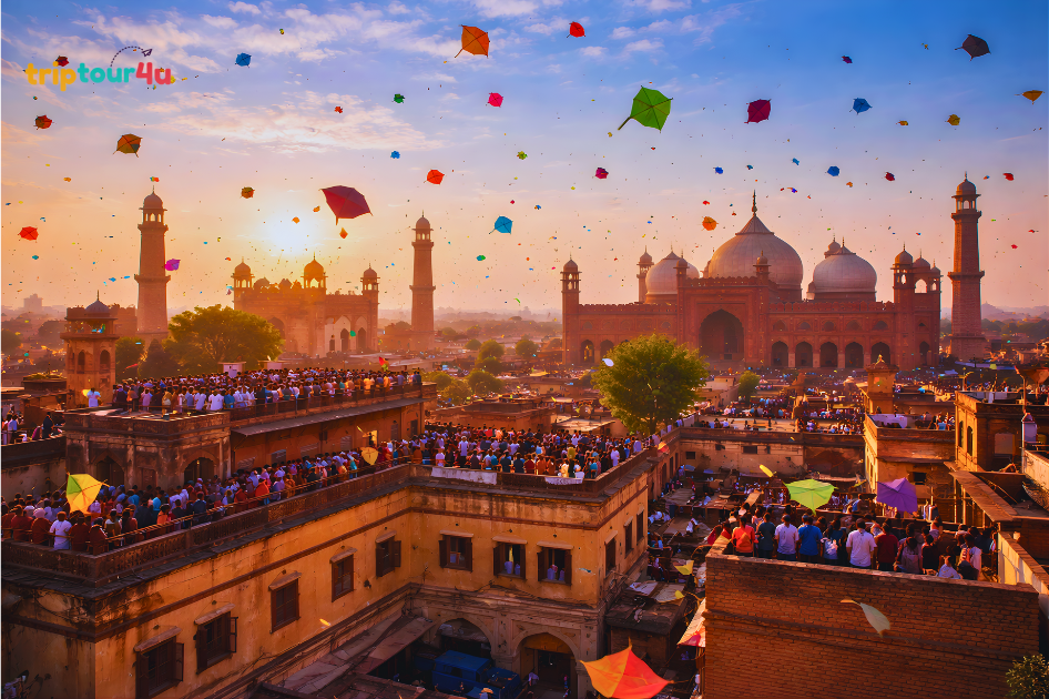 Colorful kites flying over rooftops in Lahore during Basant Festival 2026, with crowds enjoying festivities near Badshahi Mosque and Lahore Fort.