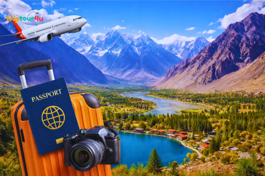 Aerial view of Skardu Valley with Upper Kachura Lake, green forests, snow-capped Karakoram mountains, and subtle travel gear like a backpack, camera, and suitcase.