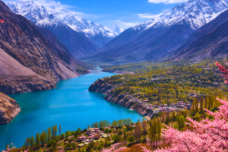 Scenic view of Hunza Valley in Pakistan with Attabad Lake, snow-capped mountains, and vibrant cherry blossoms under bright daylight.