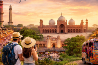 Lahore tour packages featured image showing Badshahi Mosque at sunset with Lahore Fort, Minar-e-Pakistan, Food Street, tourists, and a colorful rickshaw.