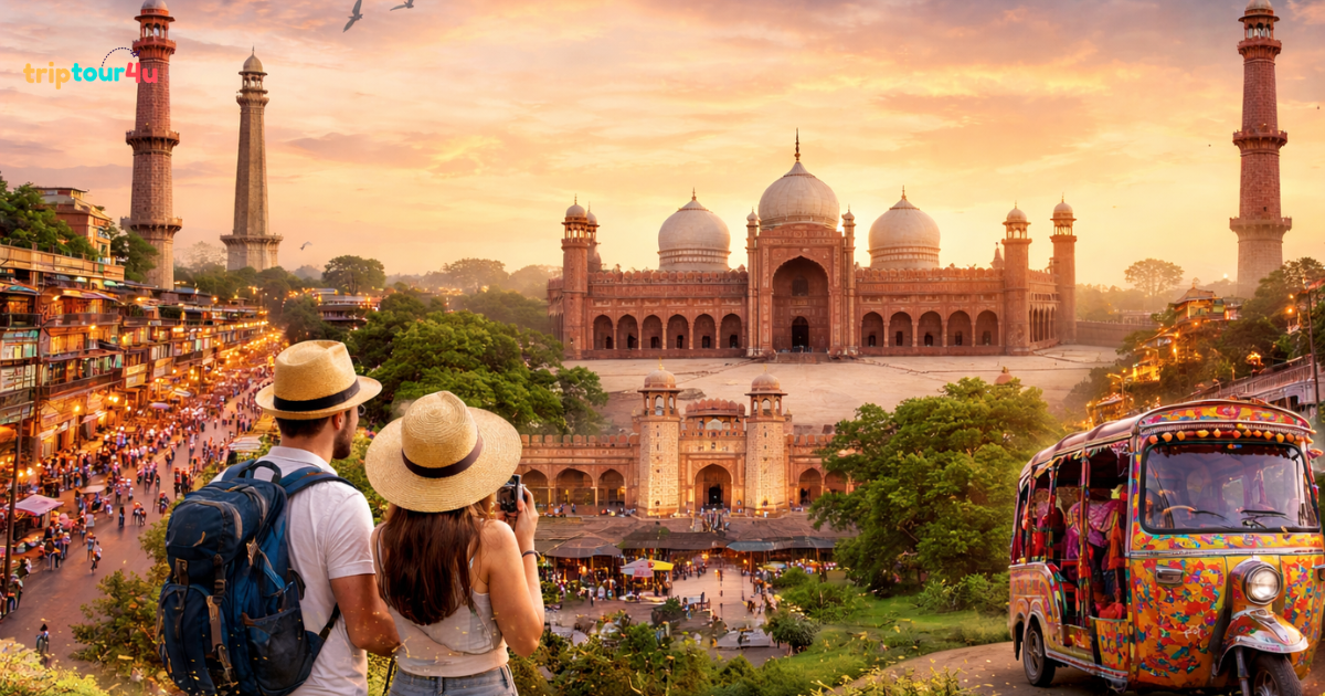 Lahore tour packages featured image showing Badshahi Mosque at sunset with Lahore Fort, Minar-e-Pakistan, Food Street, tourists, and a colorful rickshaw.