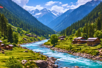Neelam Valley scenic view with river, green mountains, wooden houses, and alpine meadows in Azad Kashmir