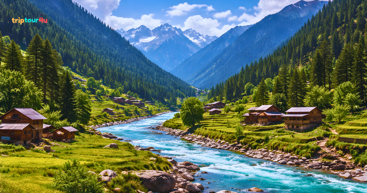 Neelam Valley scenic view with river, green mountains, wooden houses, and alpine meadows in Azad Kashmir