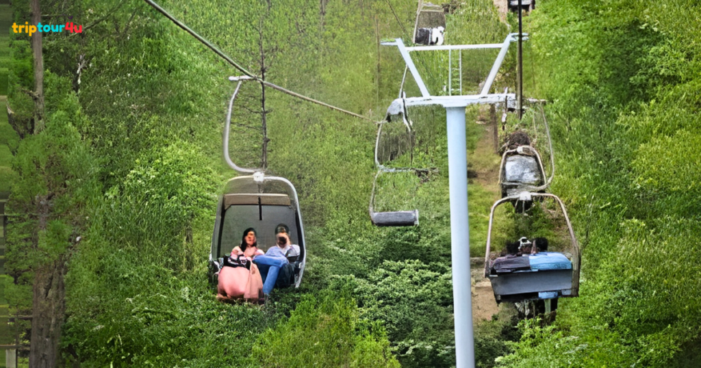 The Patriata chairlift in Murree carries tourists over lush green forested hills.