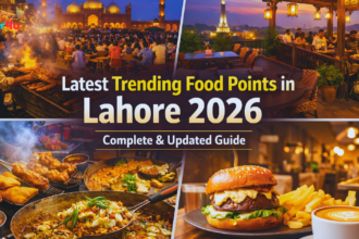 Latest trending food points in Lahore 2026 featuring street food, rooftop dining, desi cuisine, burgers, and cafés across the city.