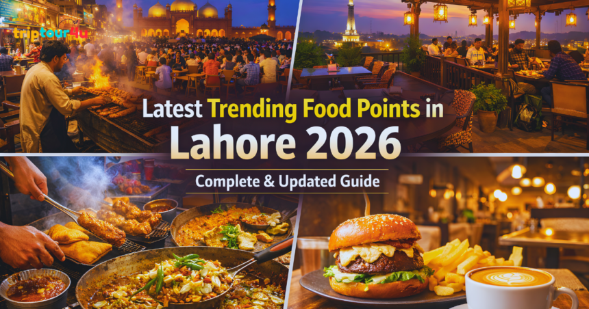 Latest trending food points in Lahore 2026 featuring street food, rooftop dining, desi cuisine, burgers, and cafés across the city.