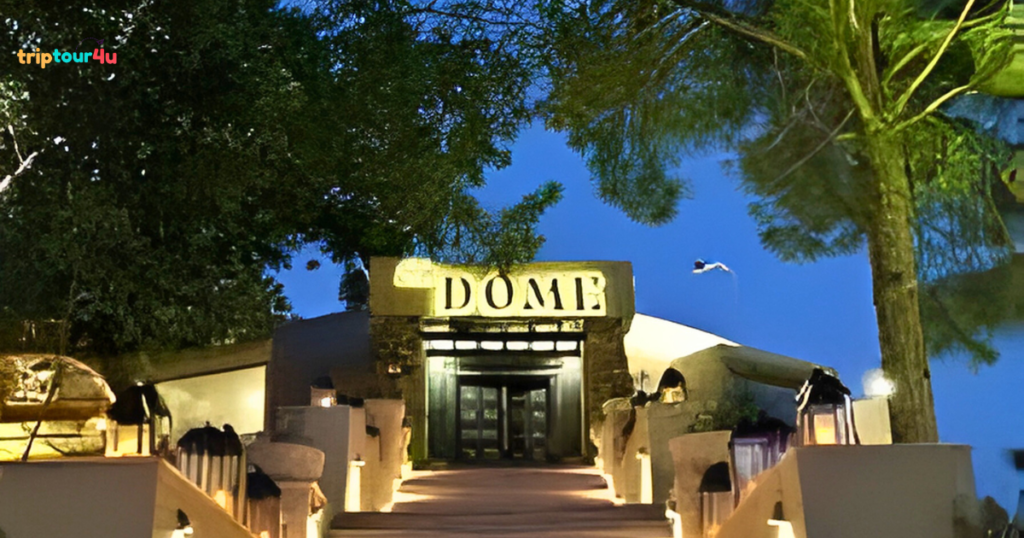 The Dome Café Islamabad exterior and indoor dining ambience, featuring modern architecture and a popular hangout spot known for desserts, coffee, and a lively café atmosphere.