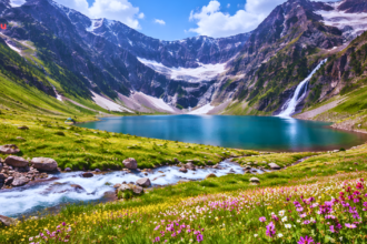 Scenic view of Sharda town in Neelum Valley, Pakistan, with the turquoise Neelum River, colorful riverside houses, and historic Sharda Peeth ruins.