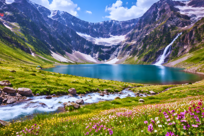 Scenic view of Sharda town in Neelum Valley, Pakistan, with the turquoise Neelum River, colorful riverside houses, and historic Sharda Peeth ruins.