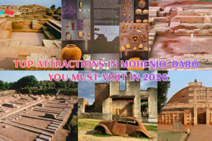 Collage showing the top attractions in Mohenjo-Daro, including ancient ruins, archaeological artifacts, the Great Bath, museum exhibits, and historic structures of the Indus Valley Civilization in Pakistan.