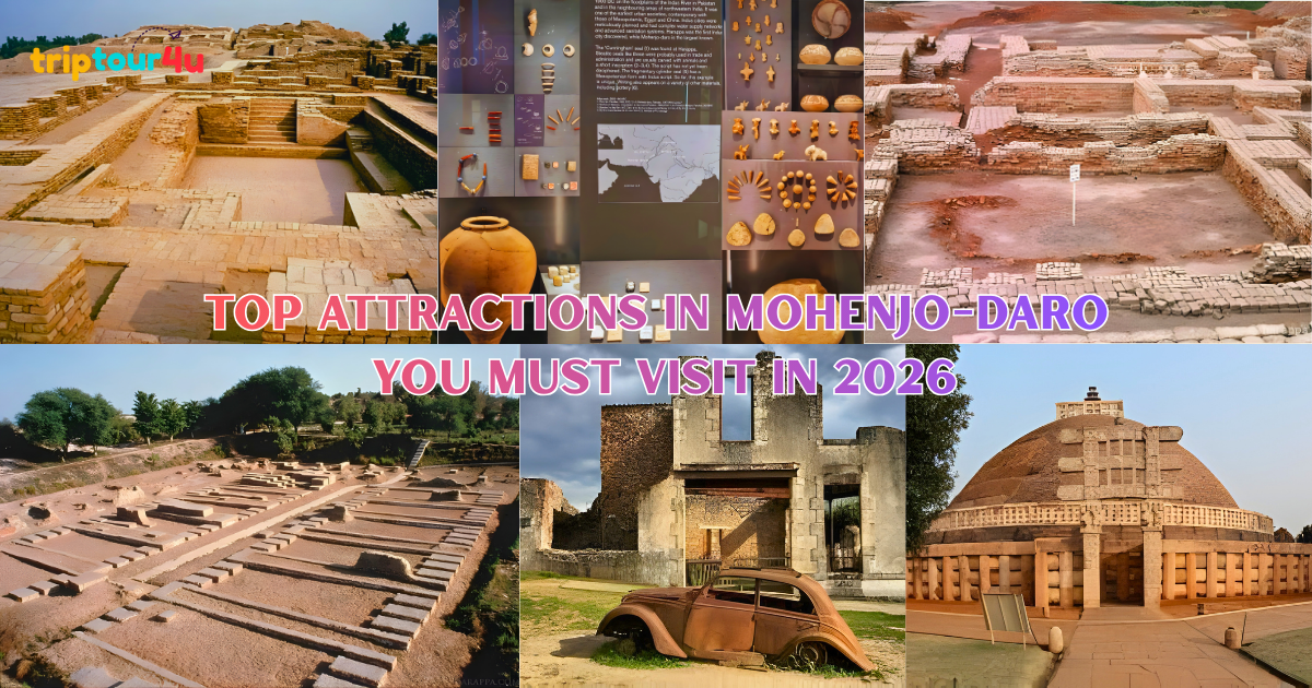 Collage showing the top attractions in Mohenjo-Daro, including ancient ruins, archaeological artifacts, the Great Bath, museum exhibits, and historic structures of the Indus Valley Civilization in Pakistan.