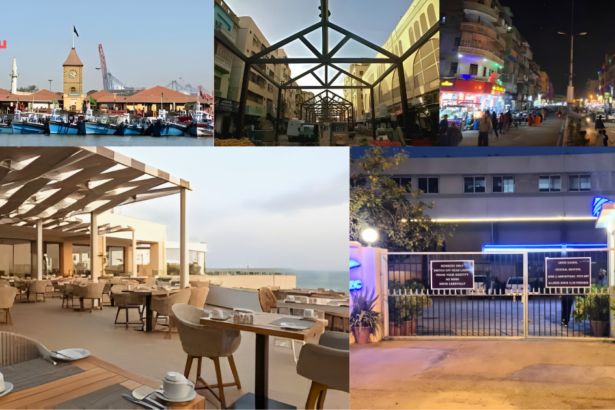 Collage showing popular Karachi food points in 2026, including Saddar streets, Boat Basin, Zamzama cafés, rooftop dining, and vibrant night food scenes.