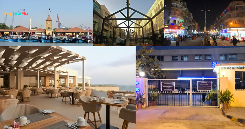 Collage showing popular Karachi food points in 2026, including Saddar streets, Boat Basin, Zamzama cafés, rooftop dining, and vibrant night food scenes.