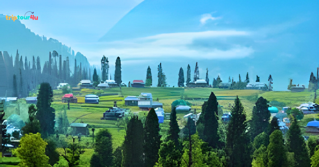 Arang Kel village in Neelum Valley, Pakistan, featuring lush green meadows, wooden houses, and scenic mountain views under clear skies.