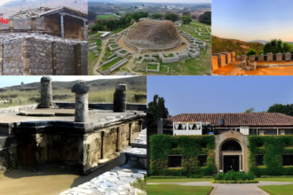 Collage of historic archaeological sites showing stone ruins and monuments, including a circular stupa-like mound with surrounding terraces, ancient temple remains with pillars, fort walls at sunset, and a vine-covered heritage building set in green grounds.