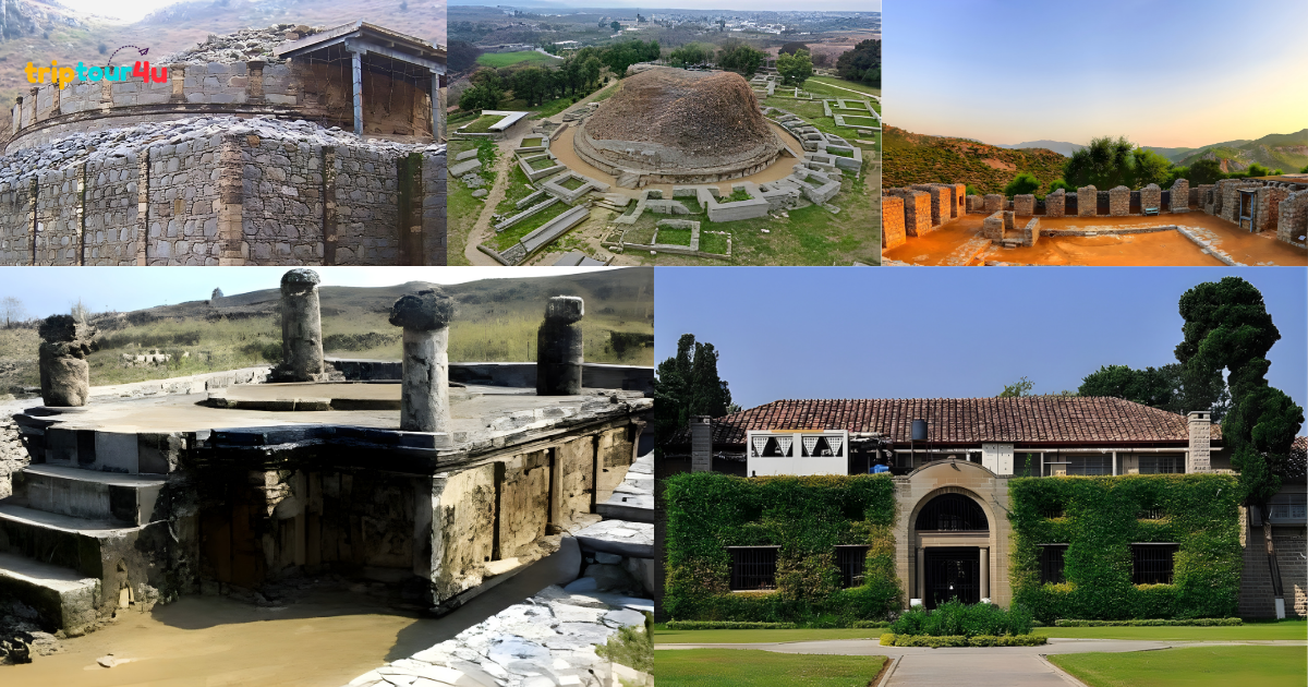 Collage of historic archaeological sites showing stone ruins and monuments, including a circular stupa-like mound with surrounding terraces, ancient temple remains with pillars, fort walls at sunset, and a vine-covered heritage building set in green grounds.