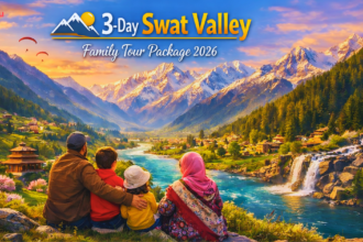 Family enjoying the scenic beauty of Swat Valley with snow-capped mountains, flowing river, and lush greenery in the background.