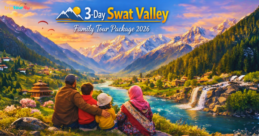Family enjoying the scenic beauty of Swat Valley with snow-capped mountains, flowing river, and lush greenery in the background.