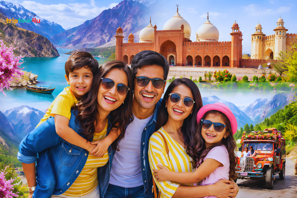 A happy Pakistani family exploring Pakistan’s top destinations, including Hunza Valley, Attabad Lake, and Lahore’s Badshahi Mosque, with mountains, rivers, and scenic landscapes in the background.