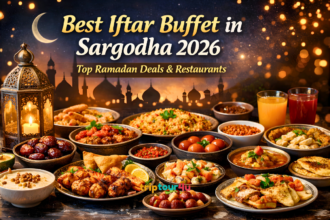 Best Iftar Buffet in Sargodha 2026 with Ramadan dishes, dates, a lantern, and a mosque background.