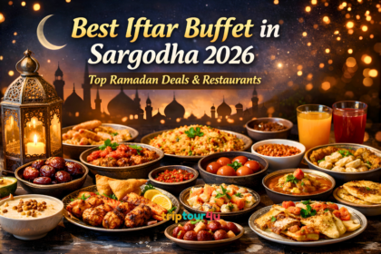 Best Iftar Buffet in Sargodha 2026 with Ramadan dishes, dates, a lantern, and a mosque background.