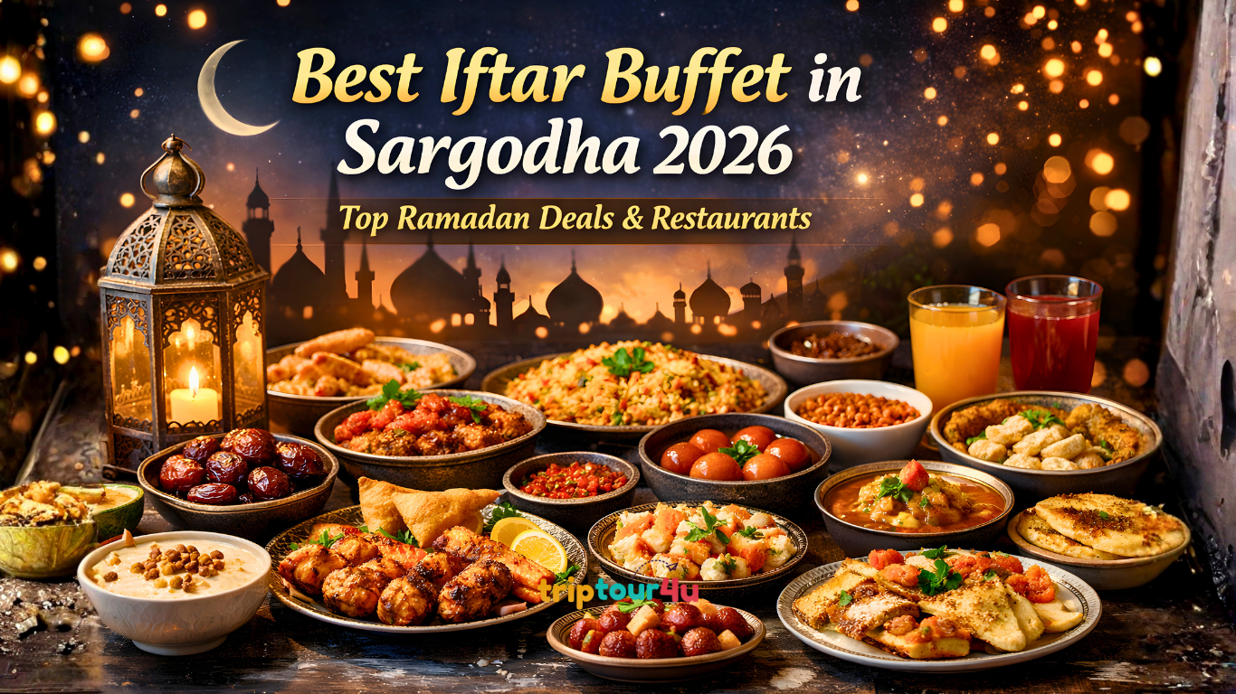 Best Iftar Buffet in Sargodha 2026 with Ramadan dishes, dates, a lantern, and a mosque background.