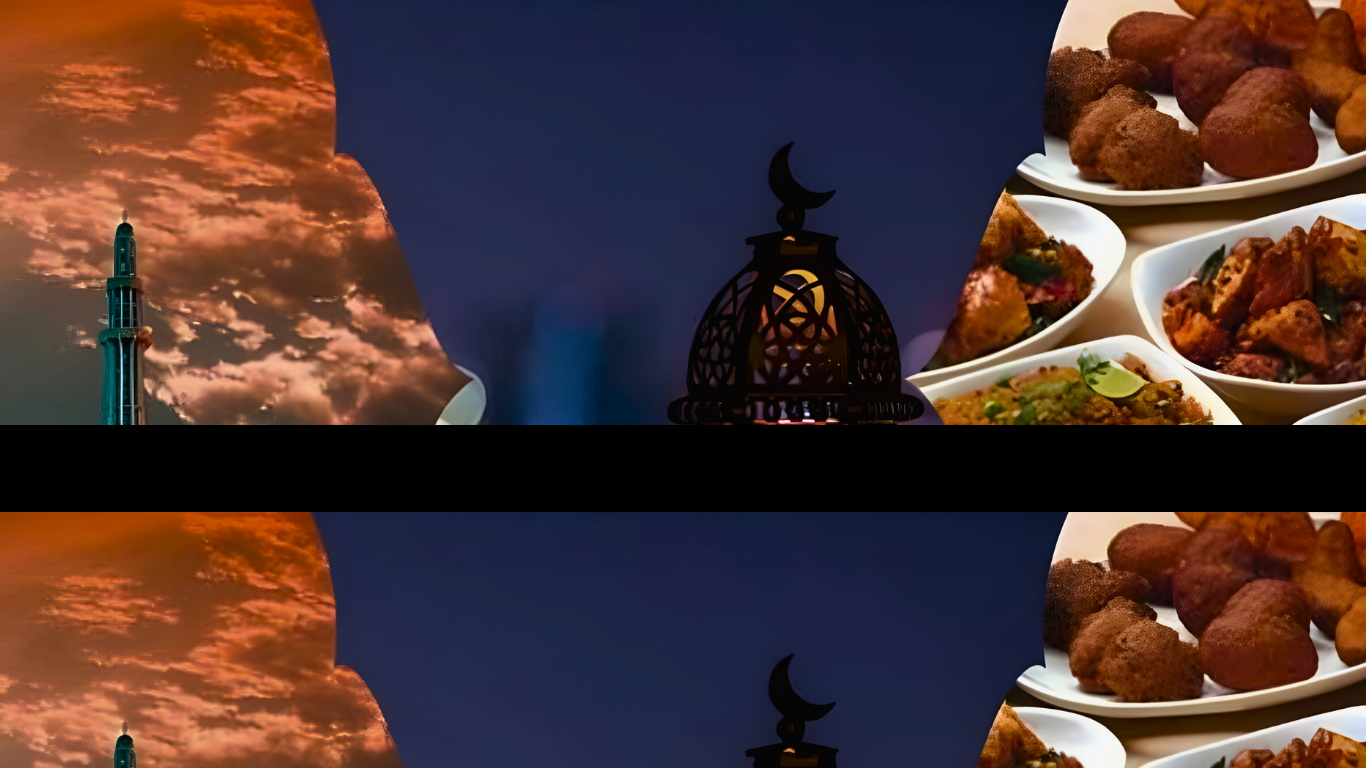 Best Ramadan Iftar buffet in Lahore featuring traditional Pakistani fried snacks, curries, a decorative Ramadan lantern, and a mosque minaret at sunset.