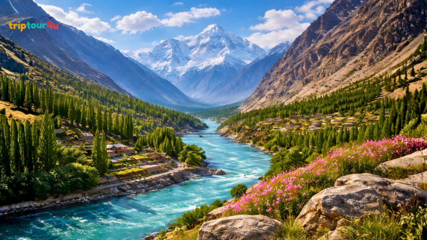 Panoramic view of Gilgit Baltistan featuring Hunza Valley, snow-capped mountains, apricot orchards, and a turquoise river under a colorful sunset sky.