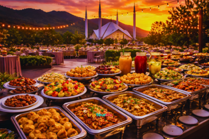 Luxury Islamabad Iftar buffet setup at sunset with Faisal Mosque and Margalla Hills in the background.