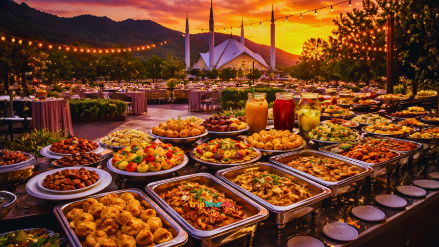 Luxury Islamabad Iftar buffet setup at sunset with Faisal Mosque and Margalla Hills in the background.