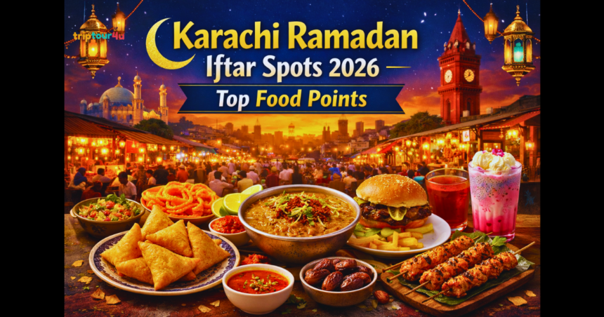 Karachi Ramadan Iftar Spots 2026 showing popular Iftar foods like samosas, pakoras, haleem, bun kebab, fruit chaat, and drinks at a bustling Burns Road food street