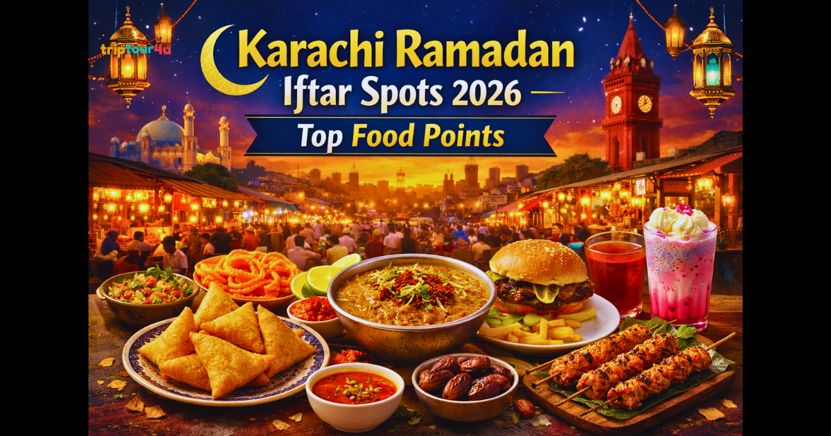 Karachi Ramadan Iftar Spots 2026 showing popular Iftar foods like samosas, pakoras, haleem, bun kebab, fruit chaat, and drinks at a bustling Burns Road food street